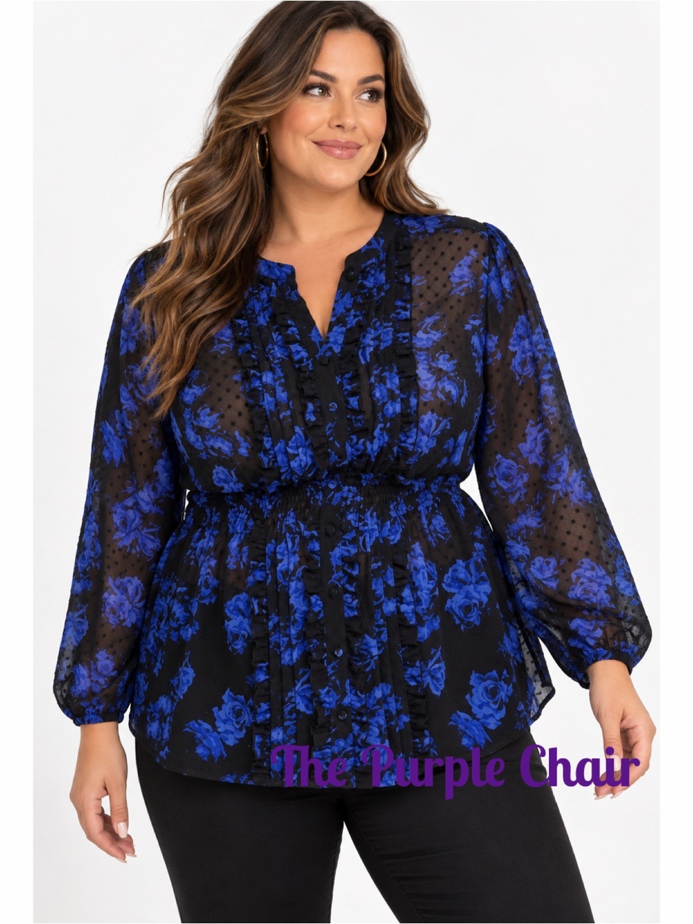 TORRID NWT Black/Blue Chiffon Clip Dot Ruffle Front Top 3X